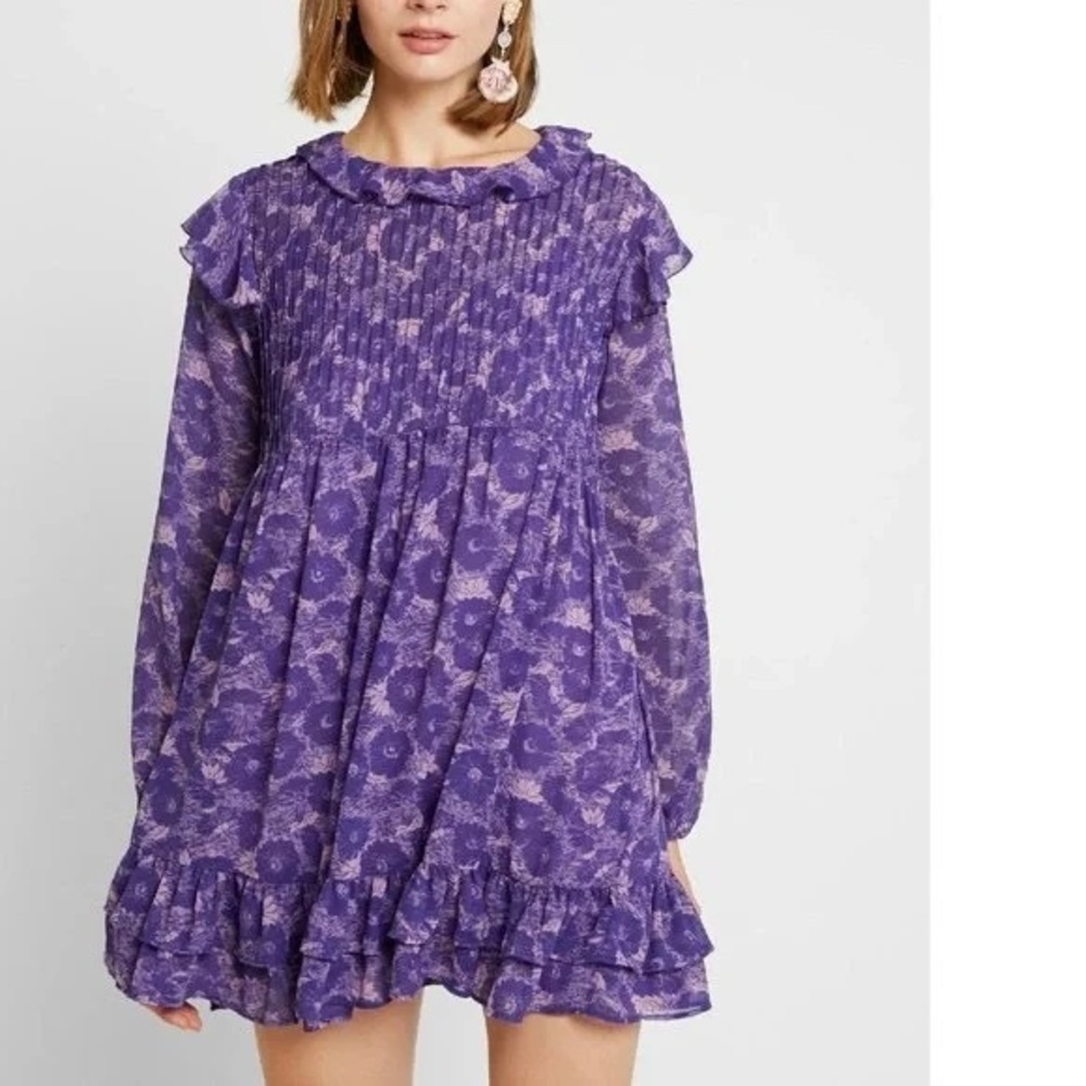 Free People These Dreams Purple Floral Mini Babydoll Dress Violet Combo Boho XS